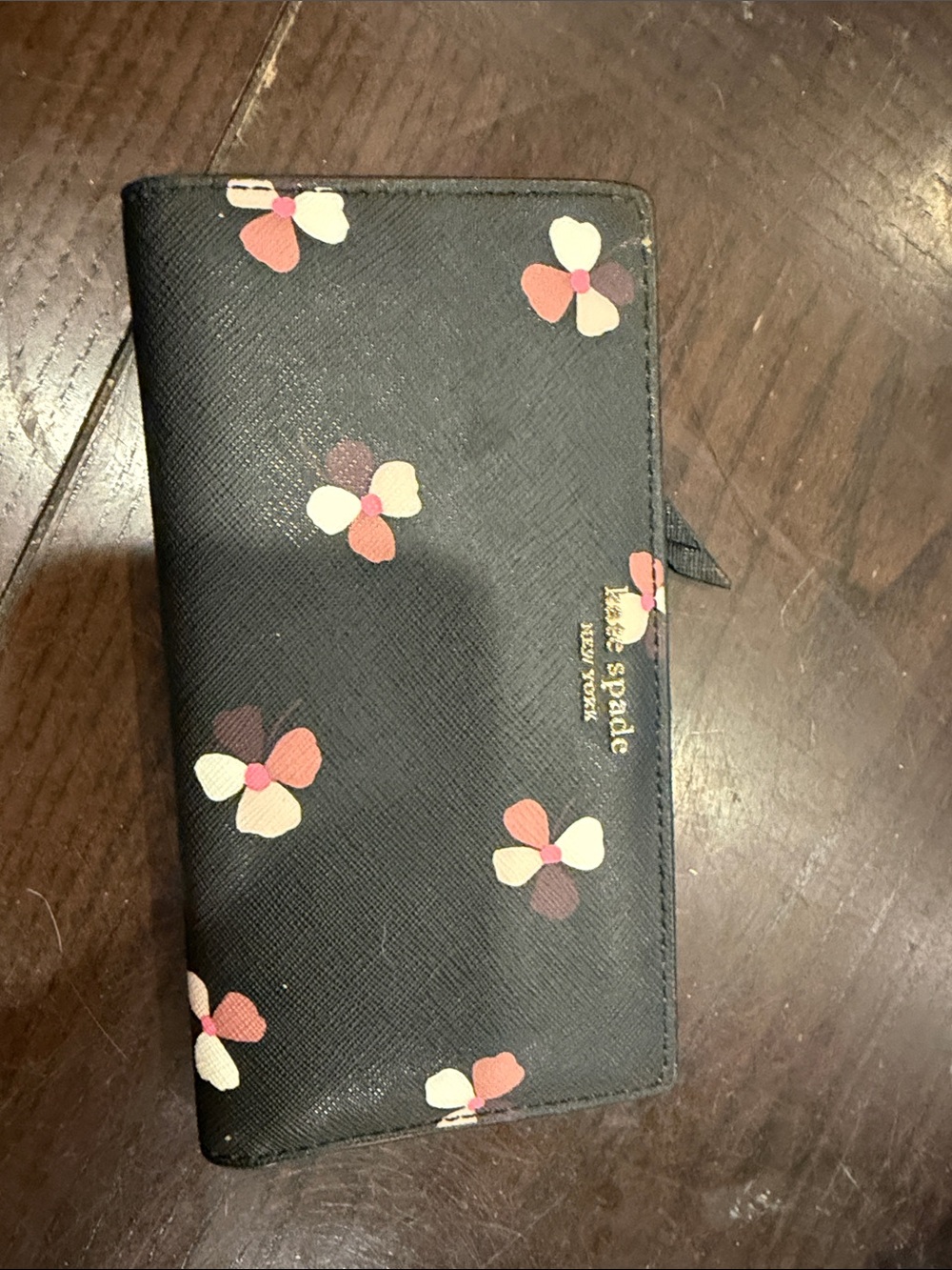 kate spade Black Floral Accordion Wallet with Pink and Cream Accents